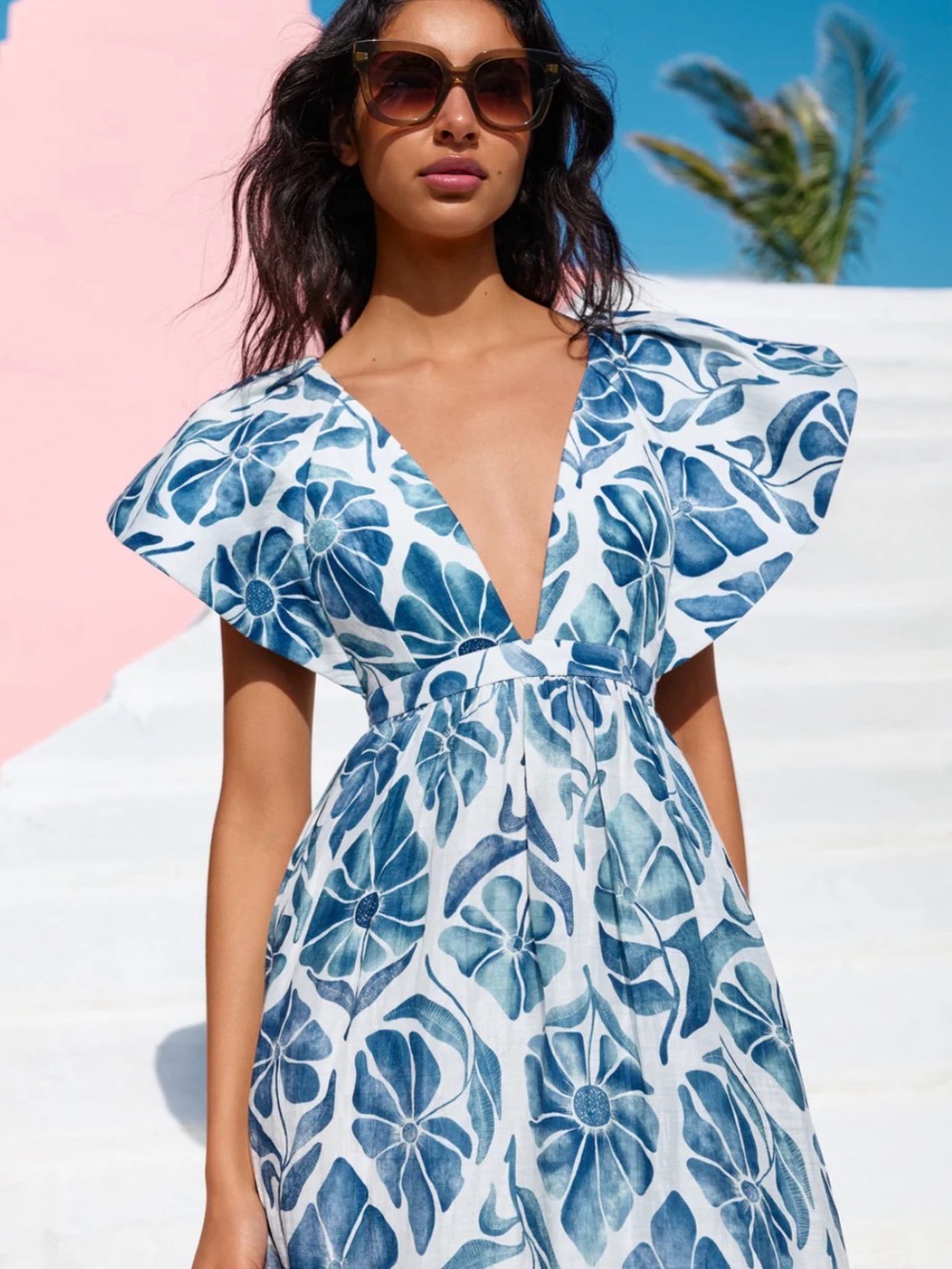 Women's Blue Floral Maxi Dress with Deep V